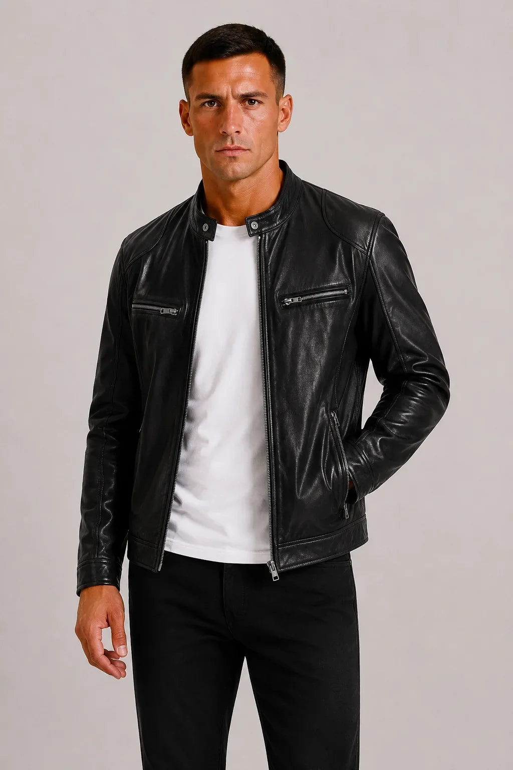 Men's Leather-look Biker Jacket with Zip