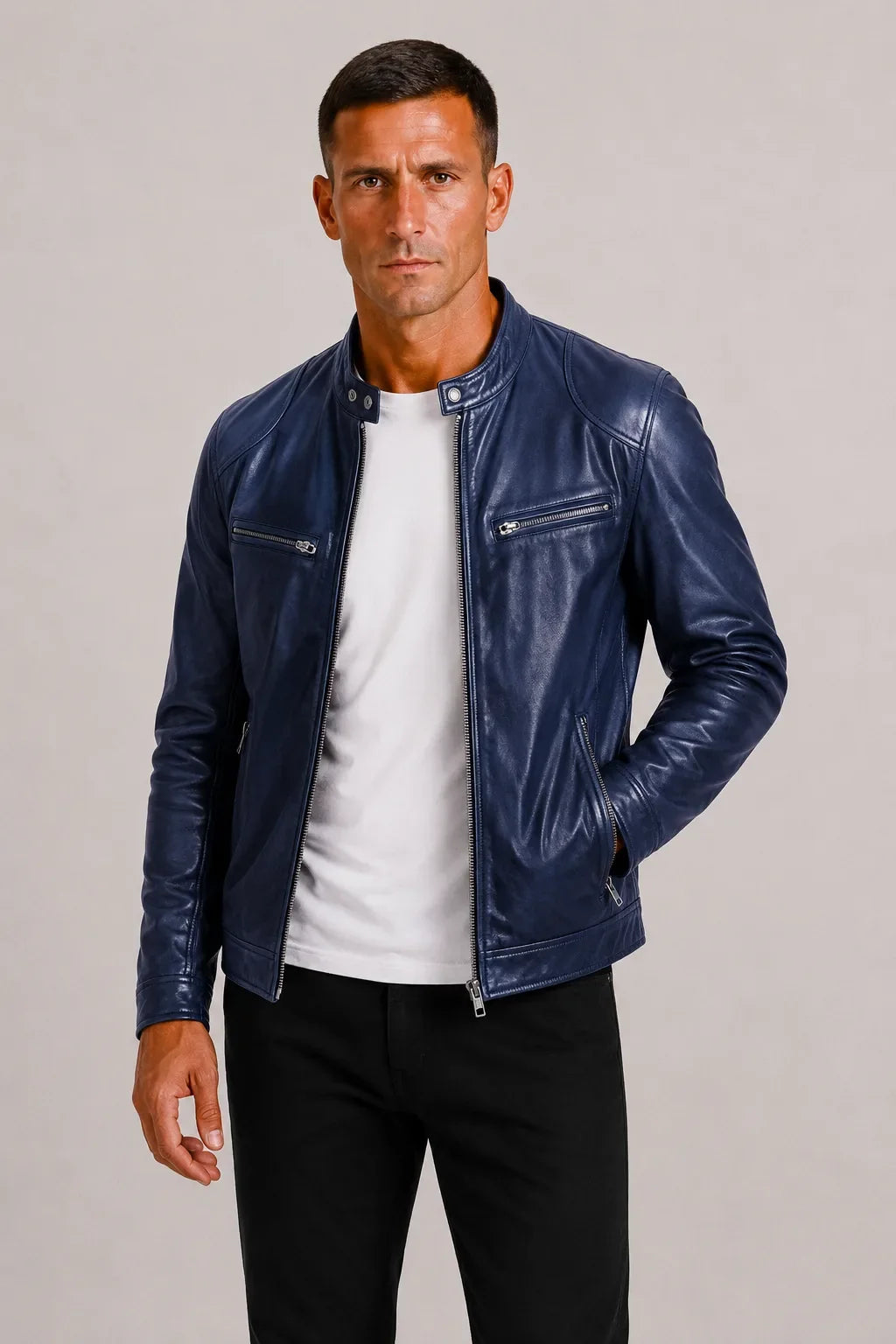 Men's Leather-look Biker Jacket with Zip