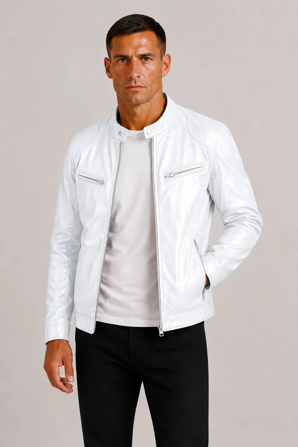 Men's Leather-look Biker Jacket with Zip