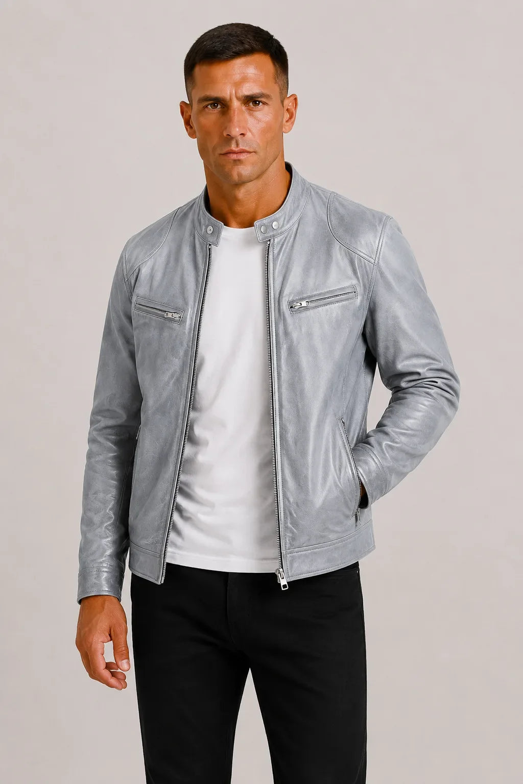 Men's Leather-look Biker Jacket with Zip