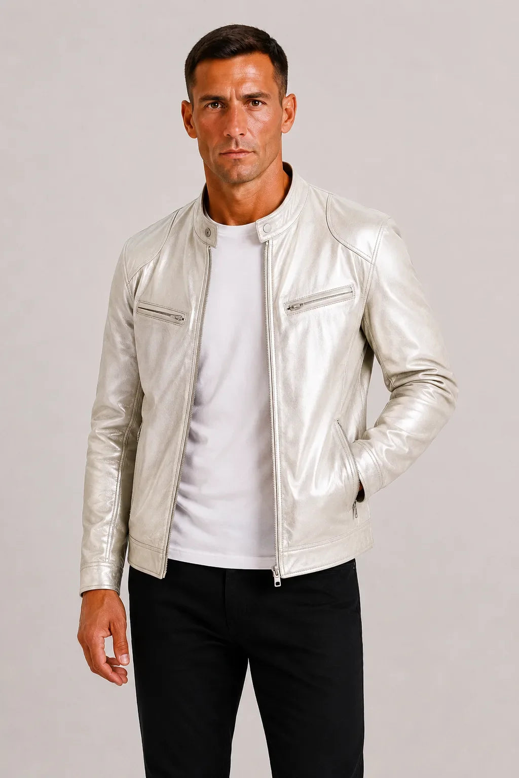 Men's Leather-look Biker Jacket with Zip