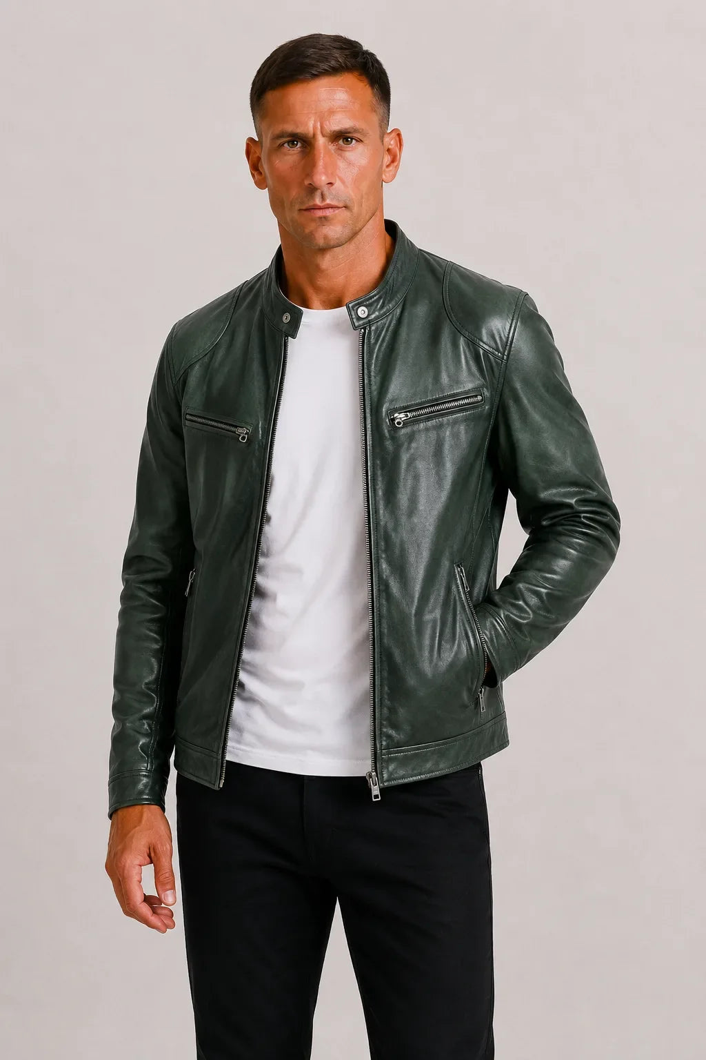Men's Leather-look Biker Jacket with Zip