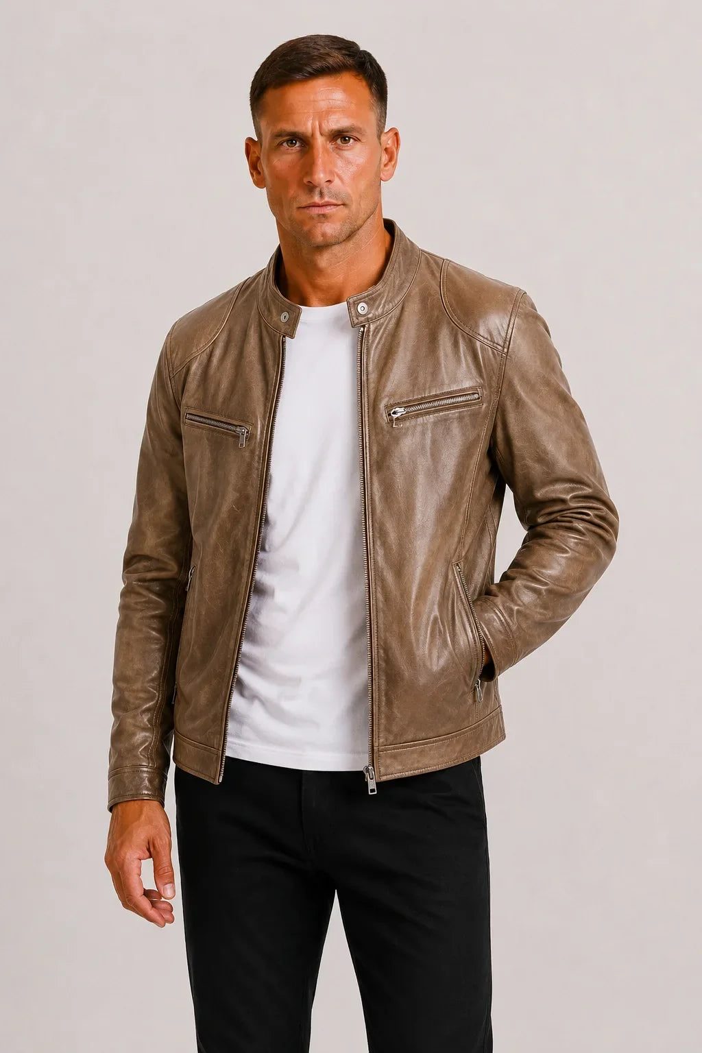 Men's Leather-look Biker Jacket with Zip