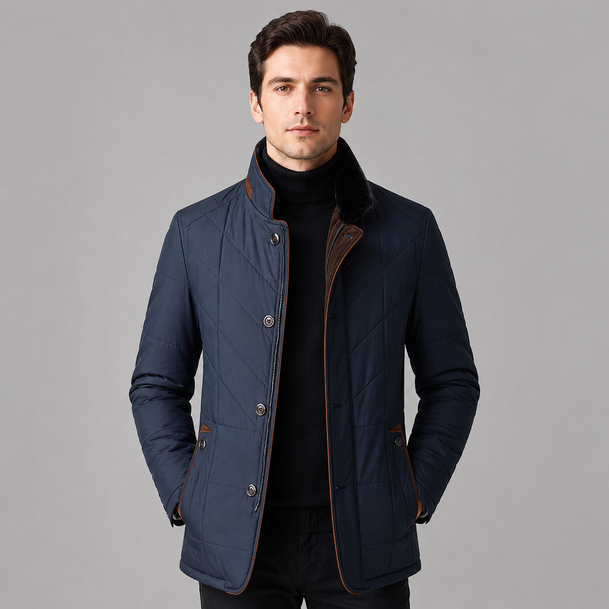 Men's Quilted Stand-Collar Jacket – Contrast Trim