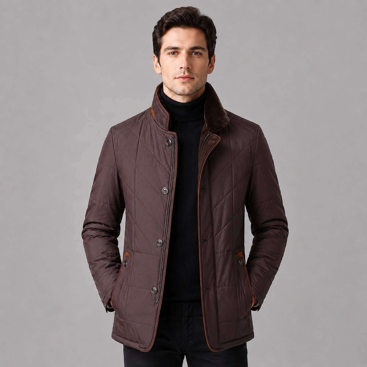 Men's Quilted Stand-Collar Jacket – Contrast Trim