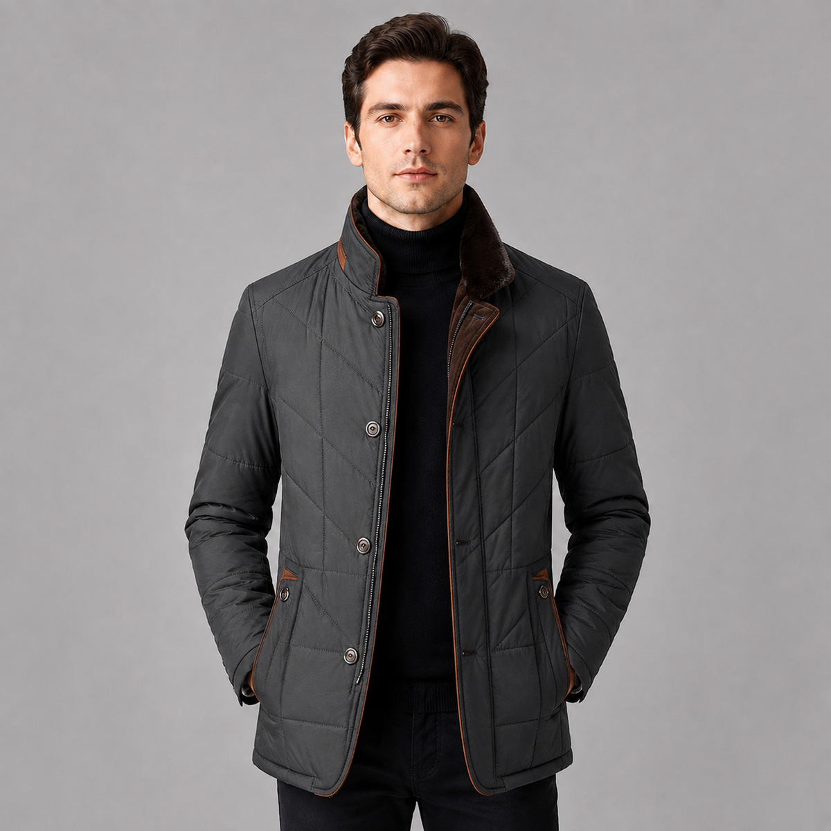 Men's Quilted Stand-Collar Jacket – Contrast Trim