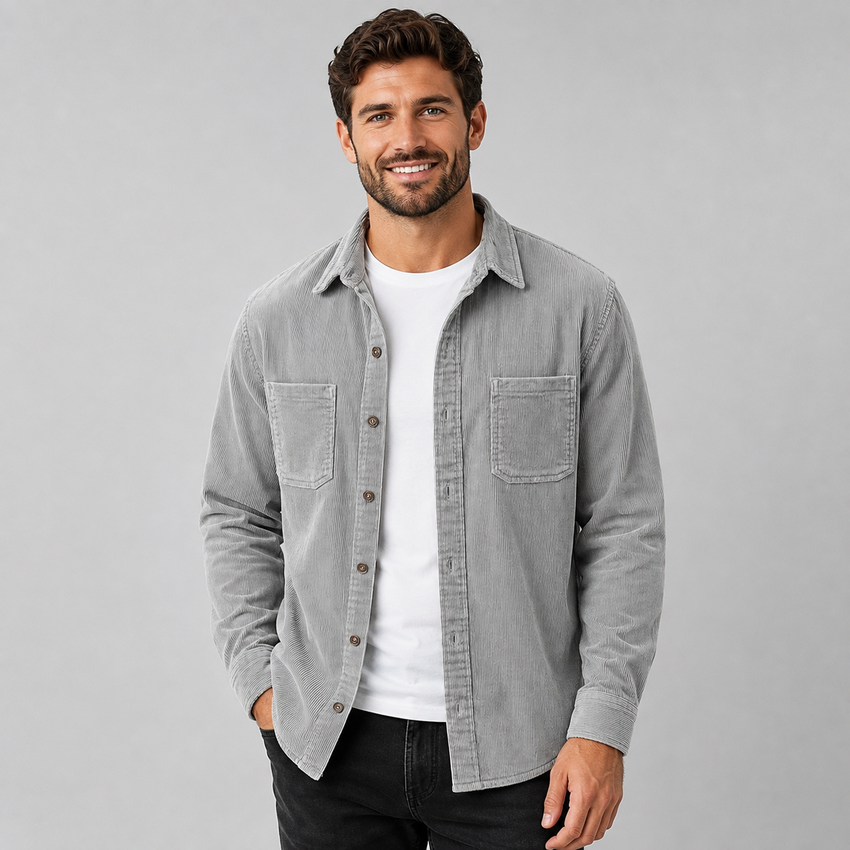 Men's Corduroy Overshirt – Lapel Collar, Patch Pockets