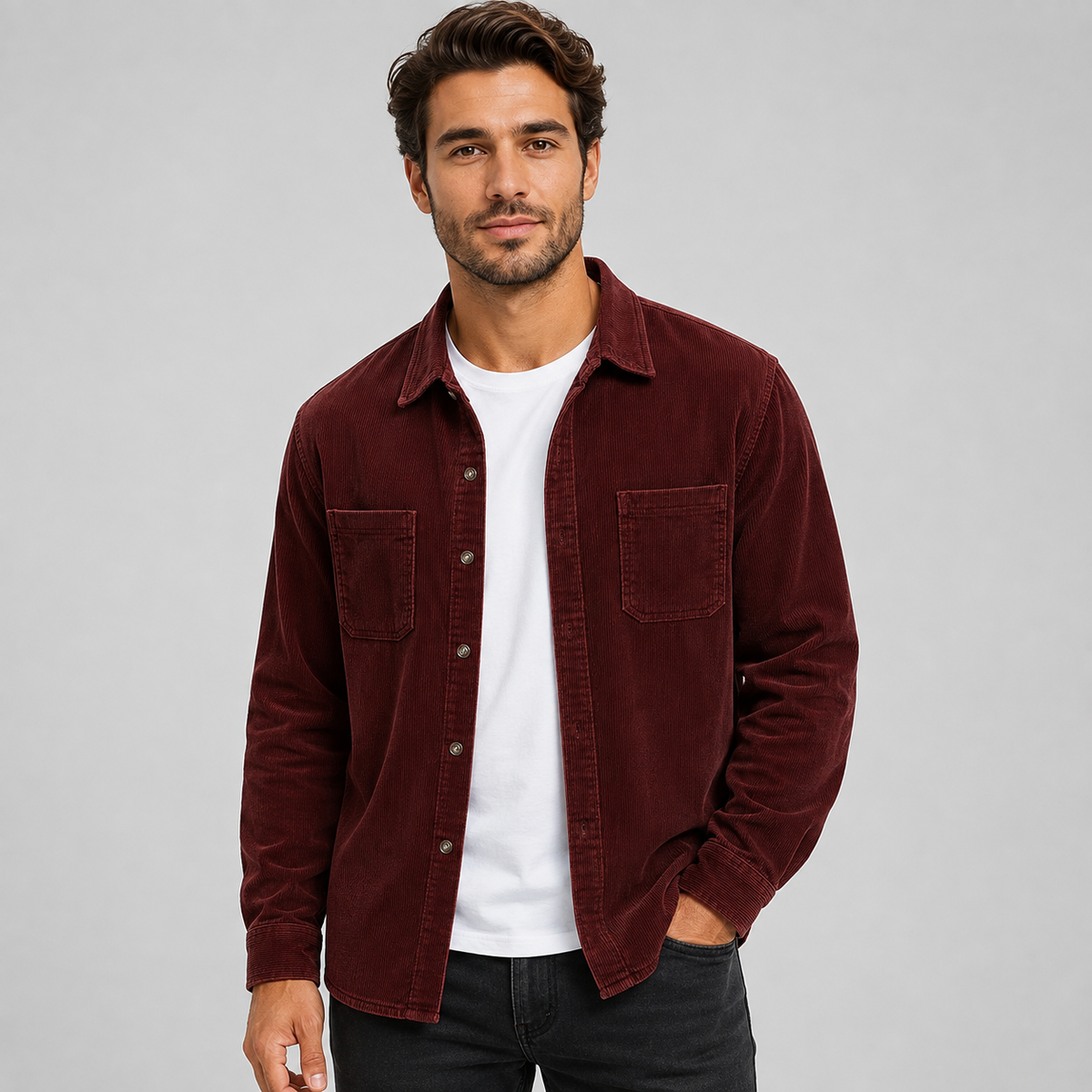Men's Corduroy Overshirt – Lapel Collar, Patch Pockets