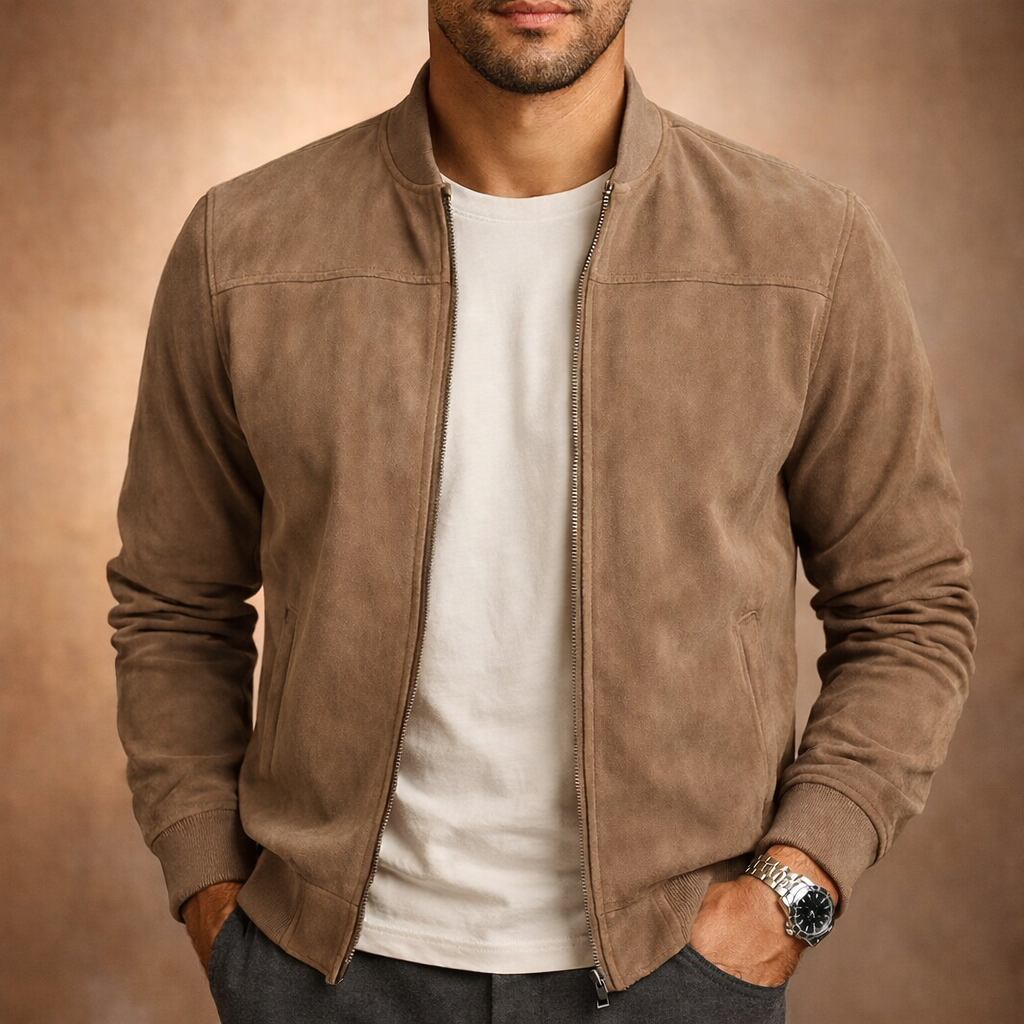 Men's Suede-Look Bomber Jacket – Lightweight Zip-Up with Ribbed Trims