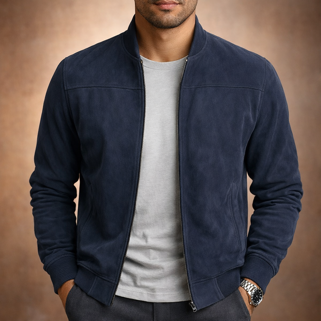 Men's Suede-Look Bomber Jacket – Lightweight Zip-Up with Ribbed Trims