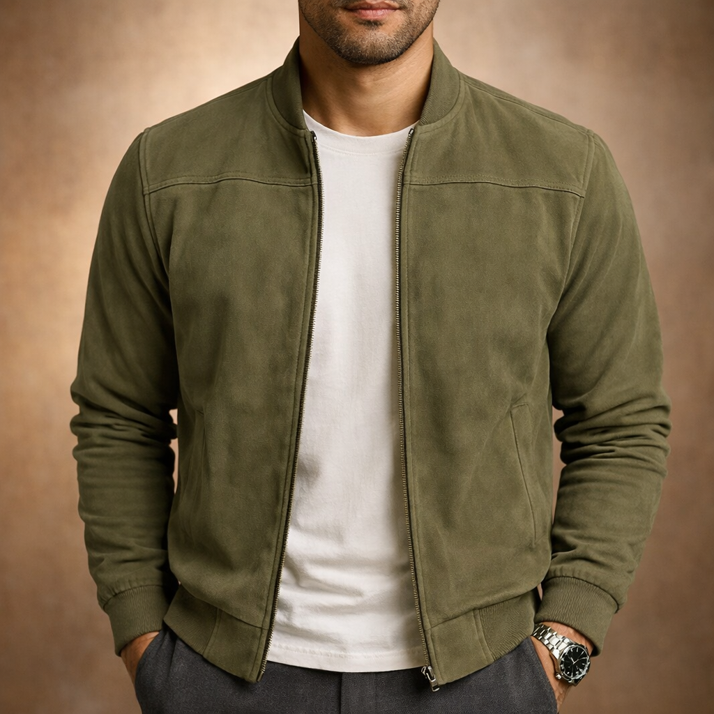 Men's Suede-Look Bomber Jacket – Lightweight Zip-Up with Ribbed Trims