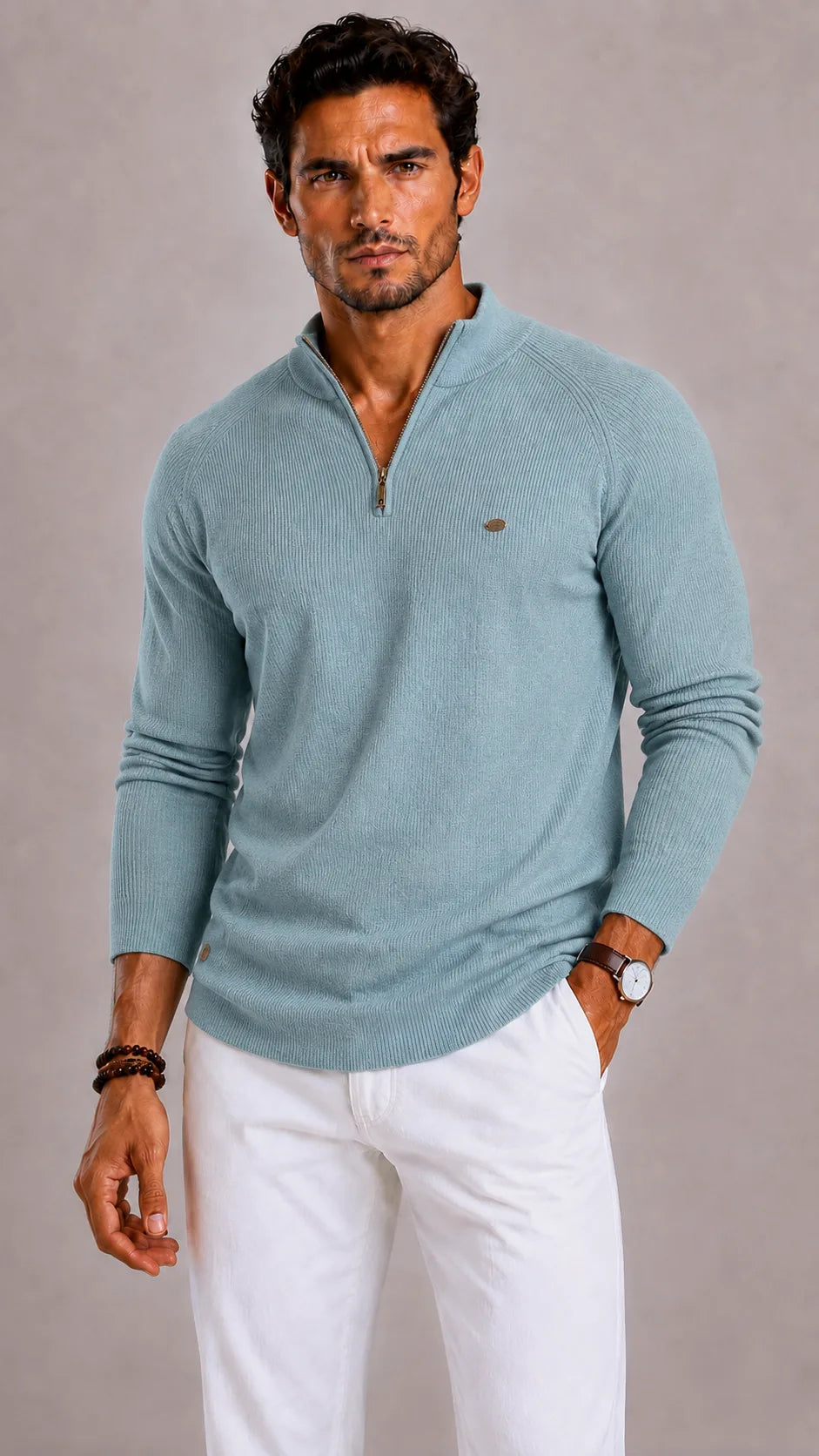 Men's Ribbed Zip-Up Jumper with Mock Neck
