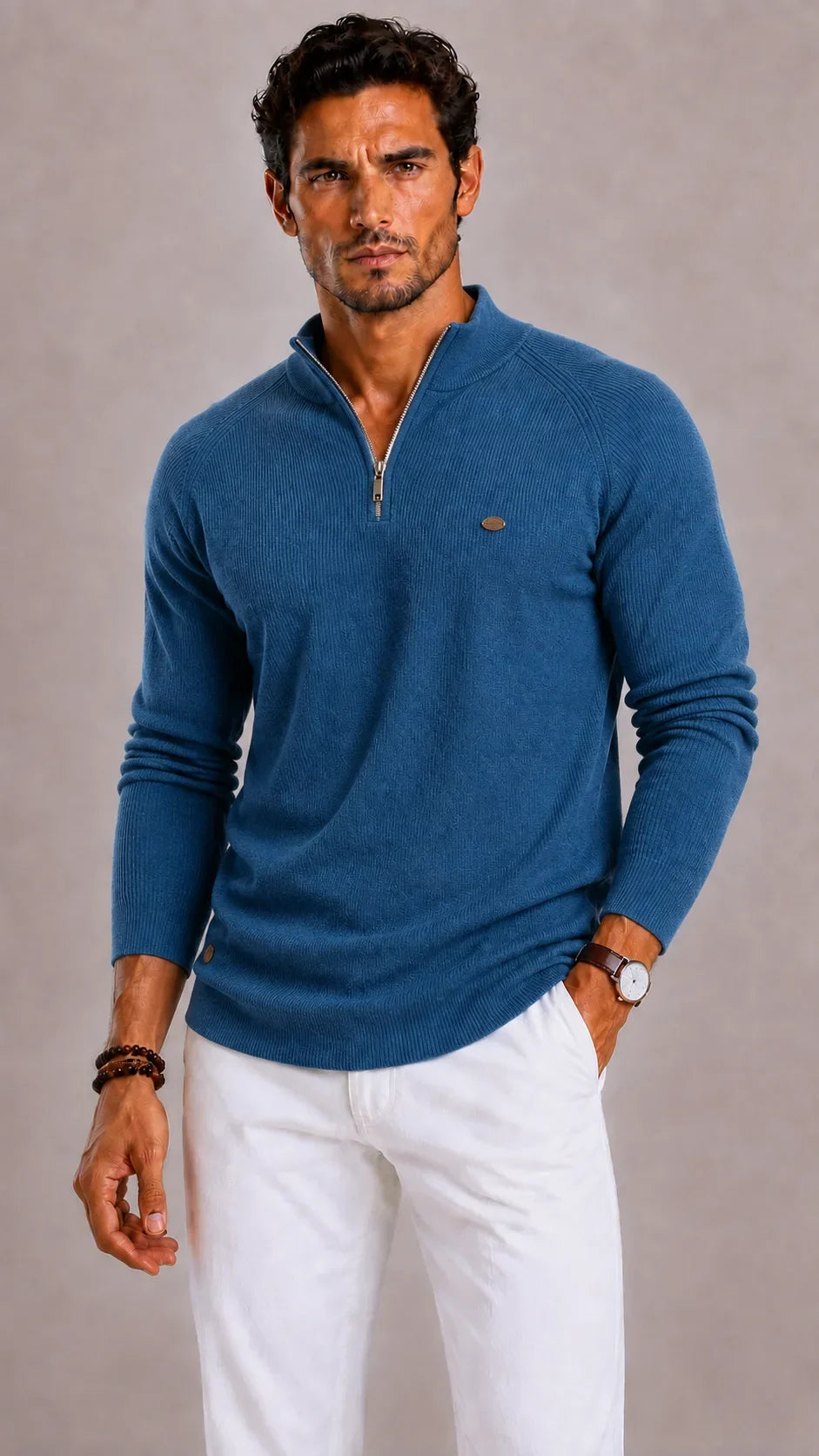 Men's Ribbed Zip-Up Jumper with Mock Neck