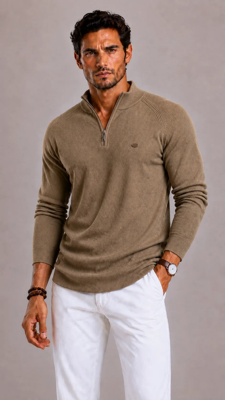 Men's Ribbed Zip-Up Jumper with Mock Neck