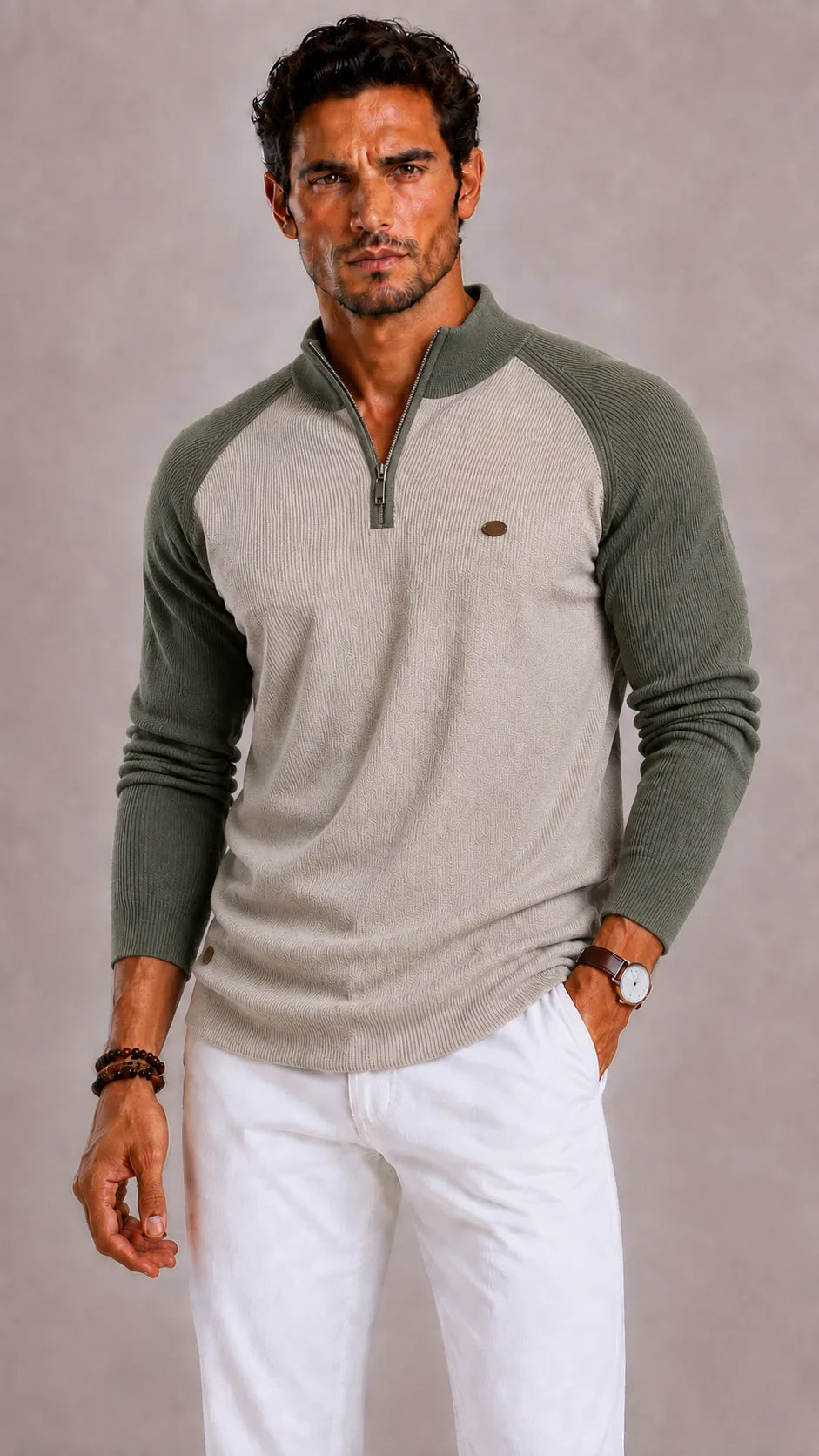 Men's Ribbed Zip-Up Jumper with Mock Neck