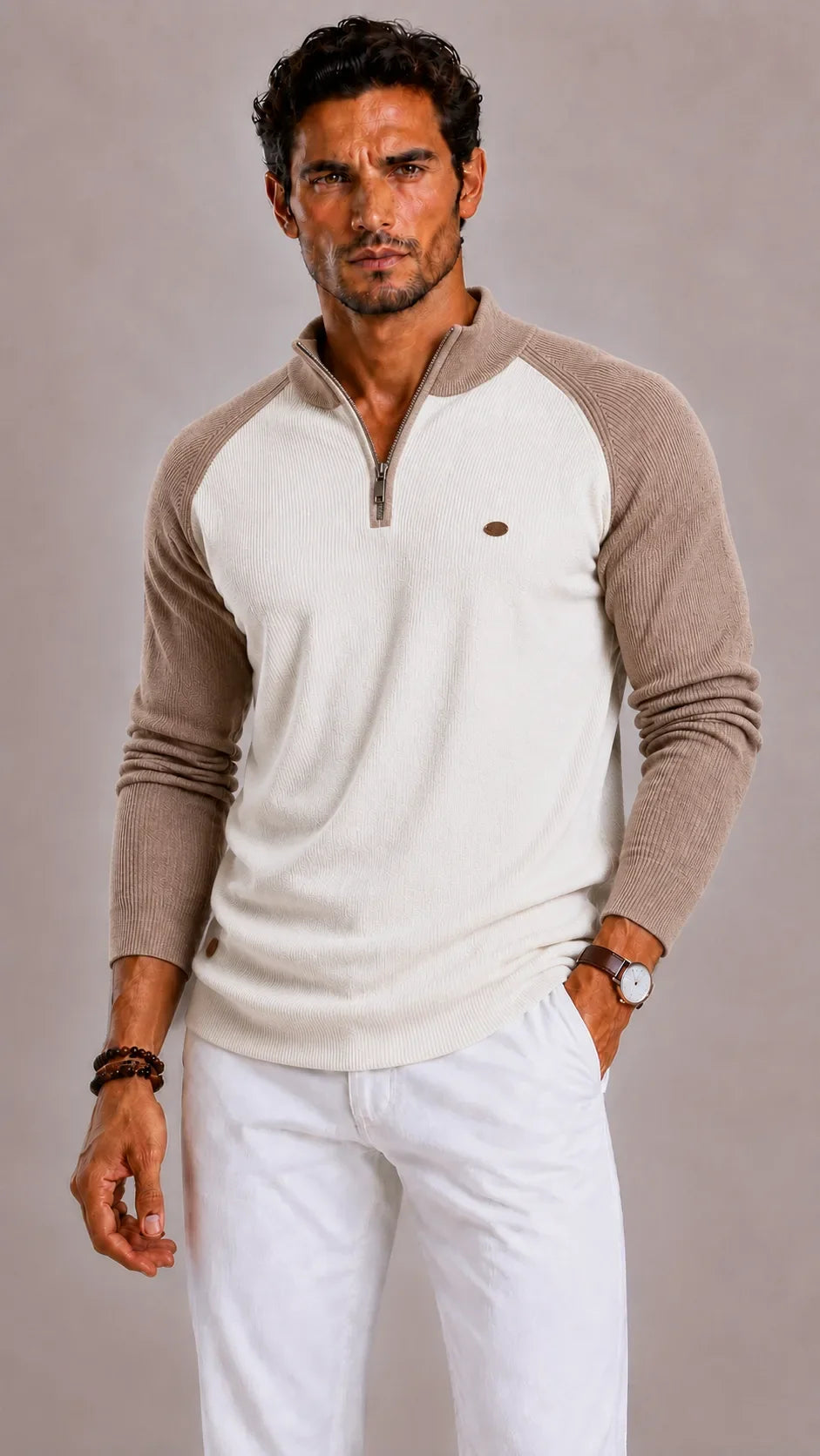 Men's Ribbed Zip-Up Jumper with Mock Neck