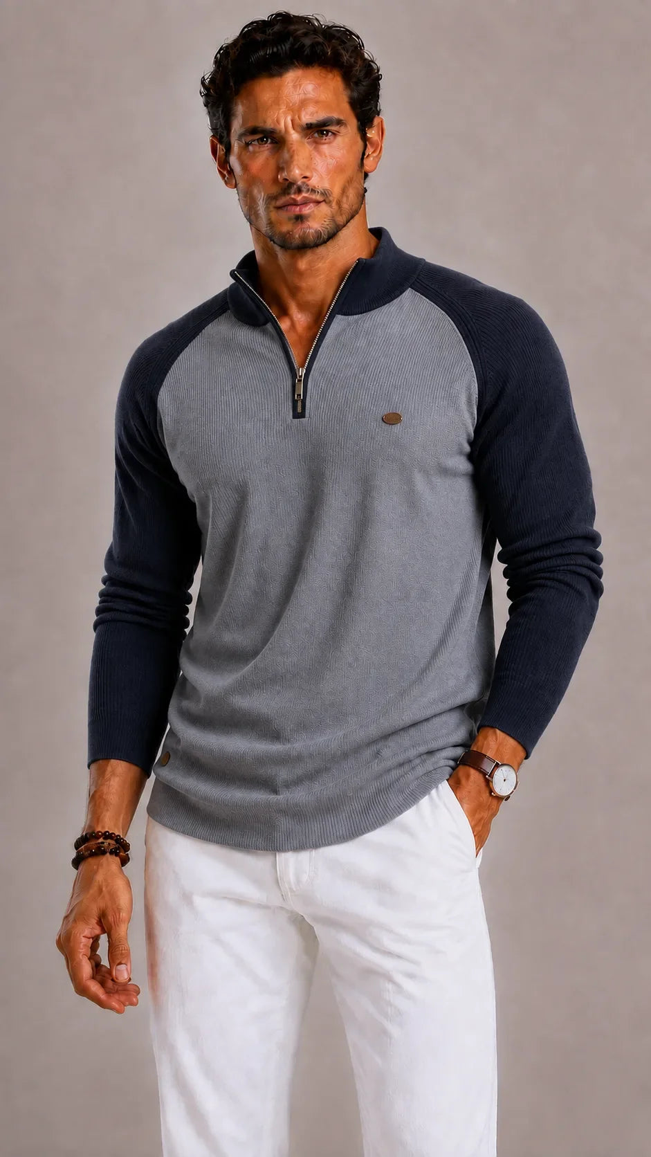 Men's Ribbed Zip-Up Jumper with Mock Neck