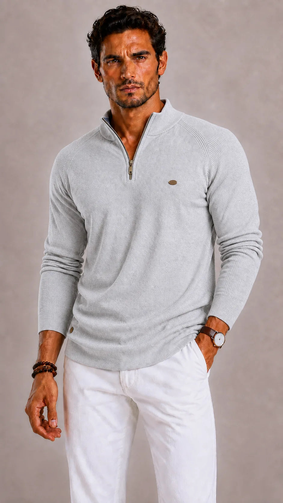 Men's Ribbed Zip-Up Jumper with Mock Neck