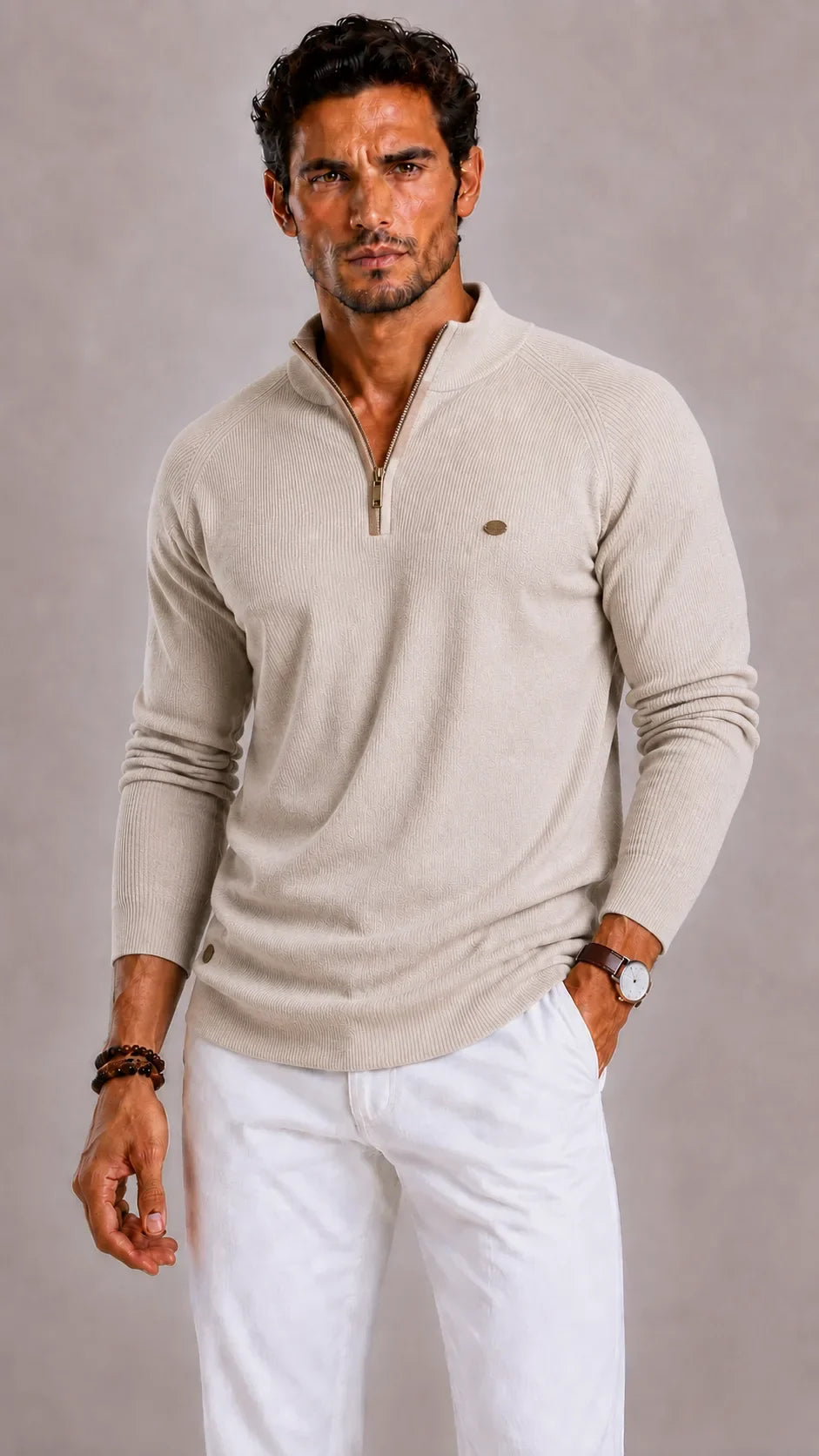 Men's Ribbed Zip-Up Jumper with Mock Neck