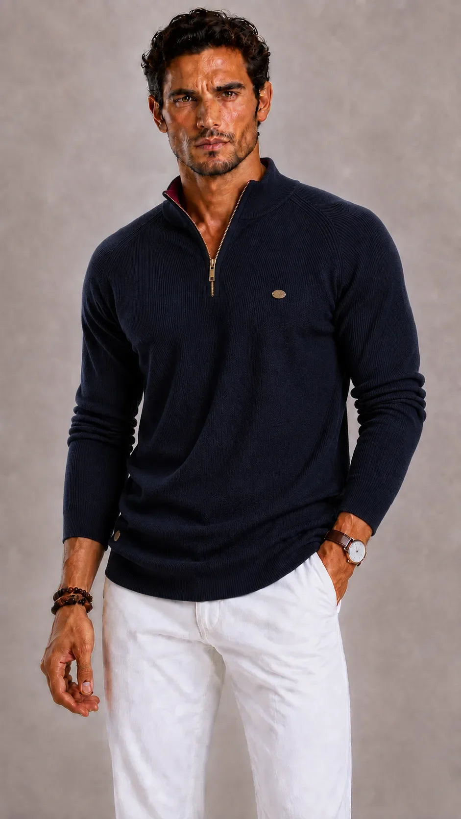 Men's Ribbed Zip-Up Jumper with Mock Neck