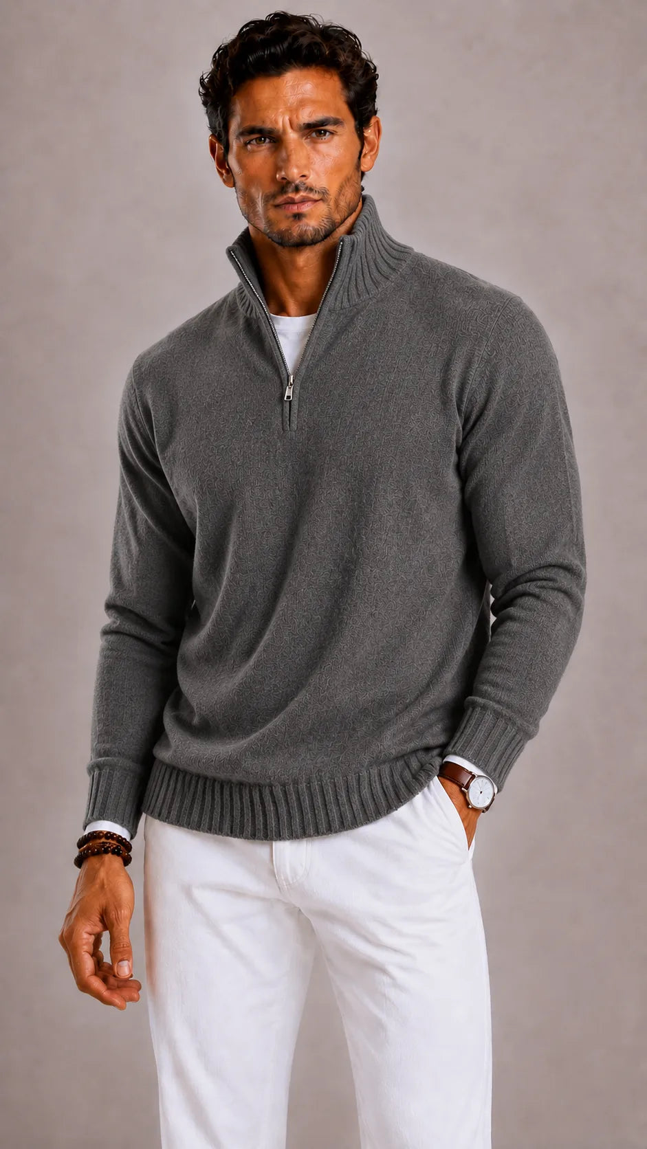 Men's Zip-up Jumper with High Collar