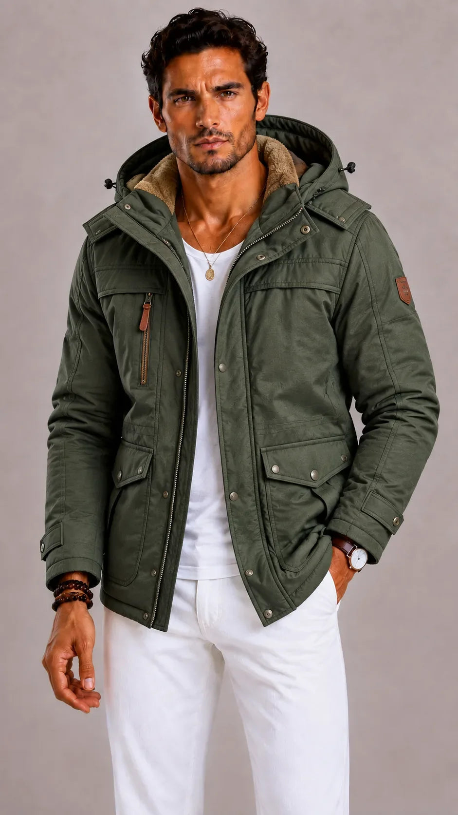 Men's Parka with Hood and Multiple Pockets