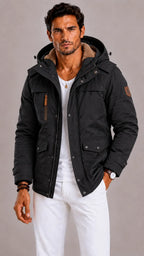 Men's Parka with Hood and Multiple Pockets