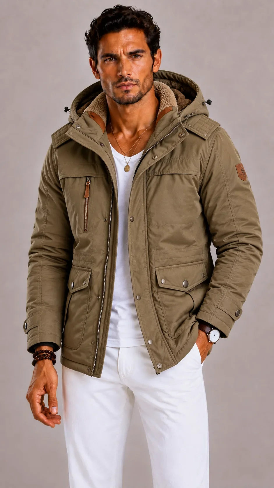 Men's Parka with Hood and Multiple Pockets