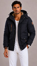 Men's Parka with Hood and Multiple Pockets
