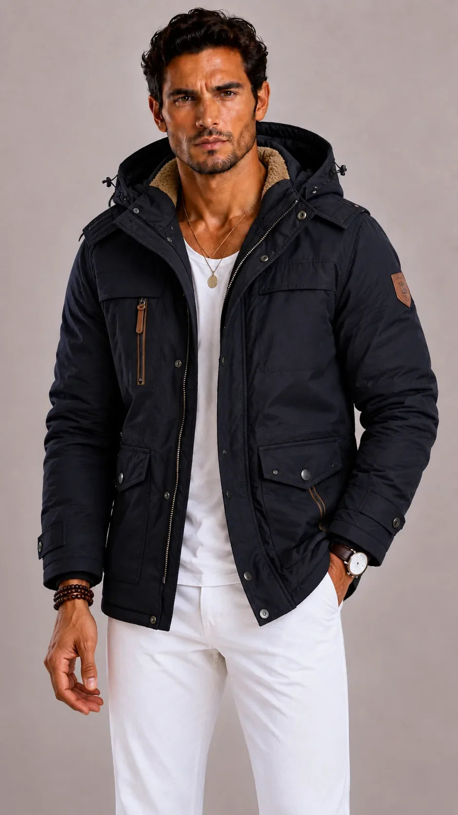 Men's Parka with Hood and Multiple Pockets