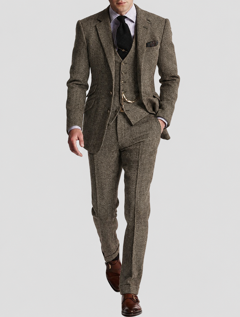 Men's Three-Piece Tweed-Style Suit with Pocket-Watch Chain