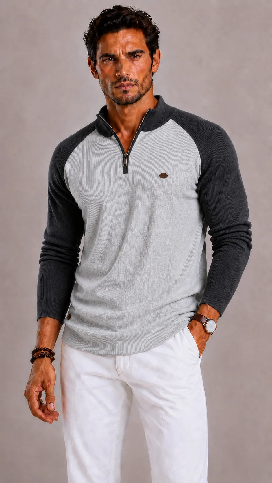 Men's Ribbed Zip-Up Jumper with Mock Neck