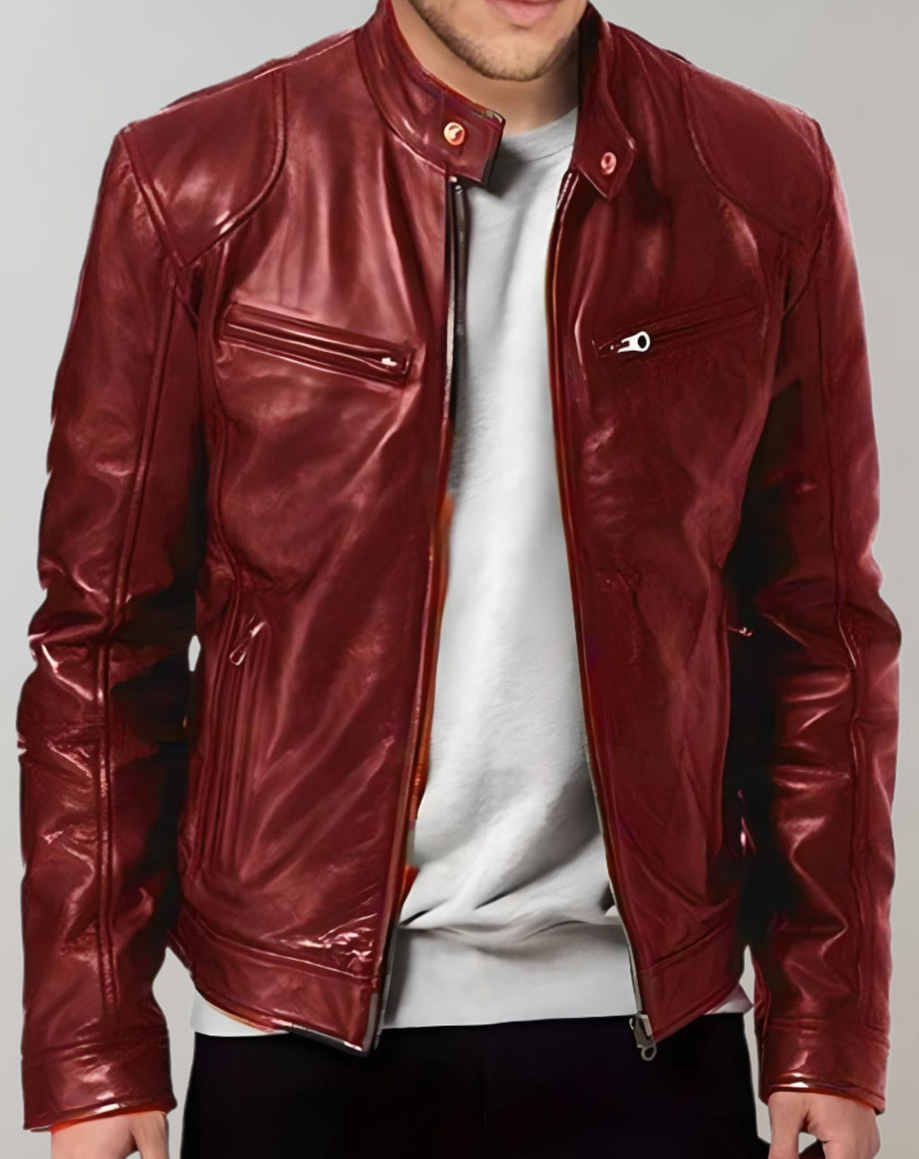 Men's Gloss-Finish leather-look Jacket – Zip-Front Racer Style