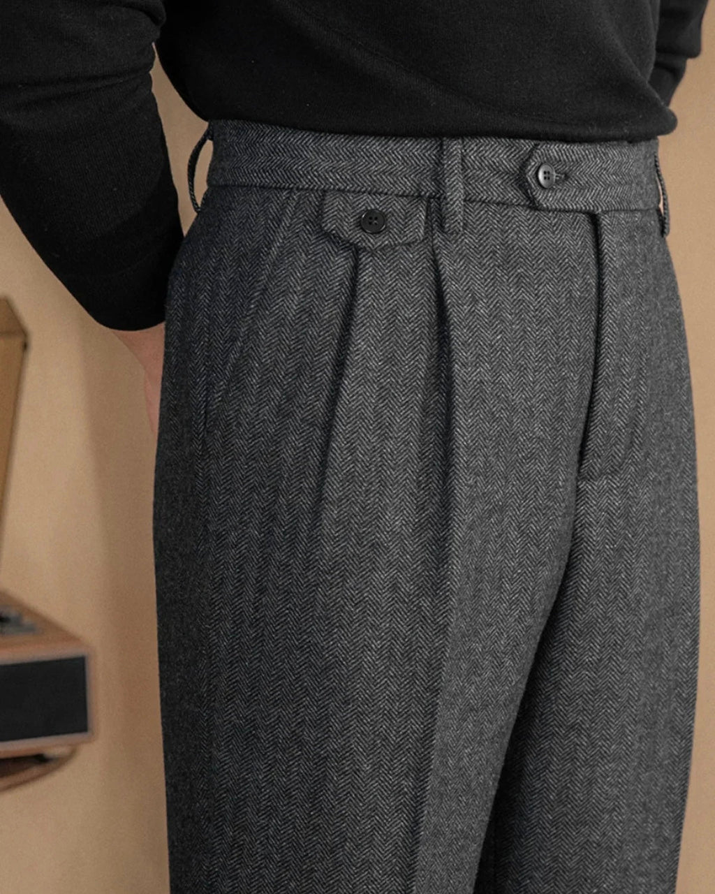 Men's Herringbone High-Waist Trousers with Side Tabs