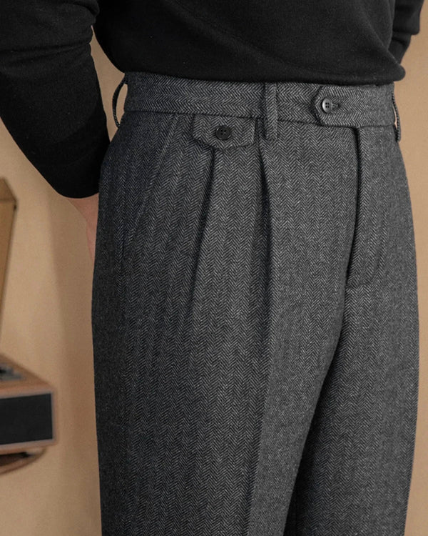 Men's Herringbone High-Waist Trousers with Side Tabs