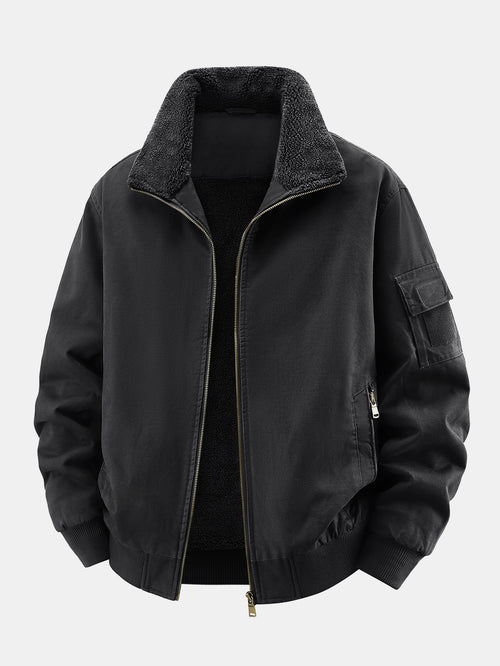 Men's Cotton Bomber Jacket with Teddy Fleece Lining and Utility Sleeve