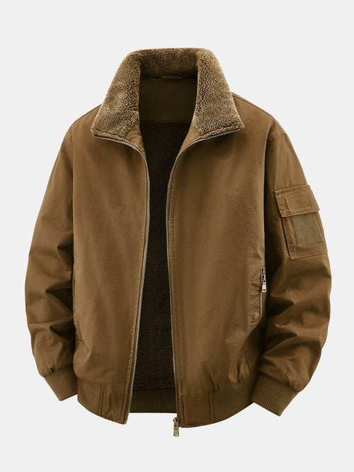 Men's Cotton Bomber Jacket with Teddy Fleece Lining and Utility Sleeve