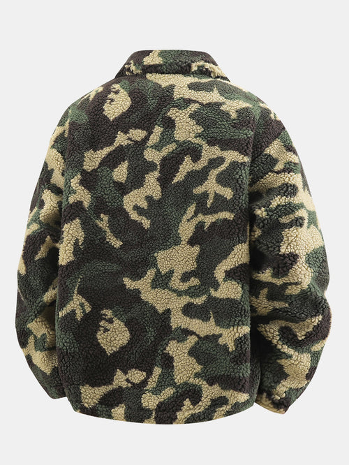 Men's Camouflage Teddy Fleece Jacket – Relaxed Fit Sherpa-Style Button-Up