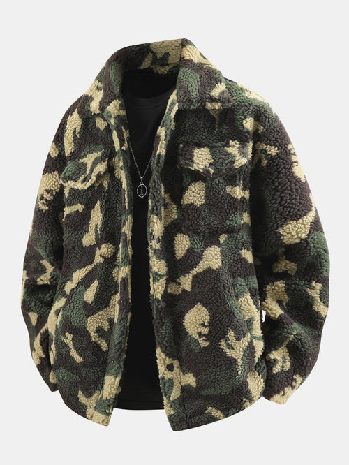 Men's Camouflage Teddy Fleece Jacket – Relaxed Fit Sherpa-Style Button-Up