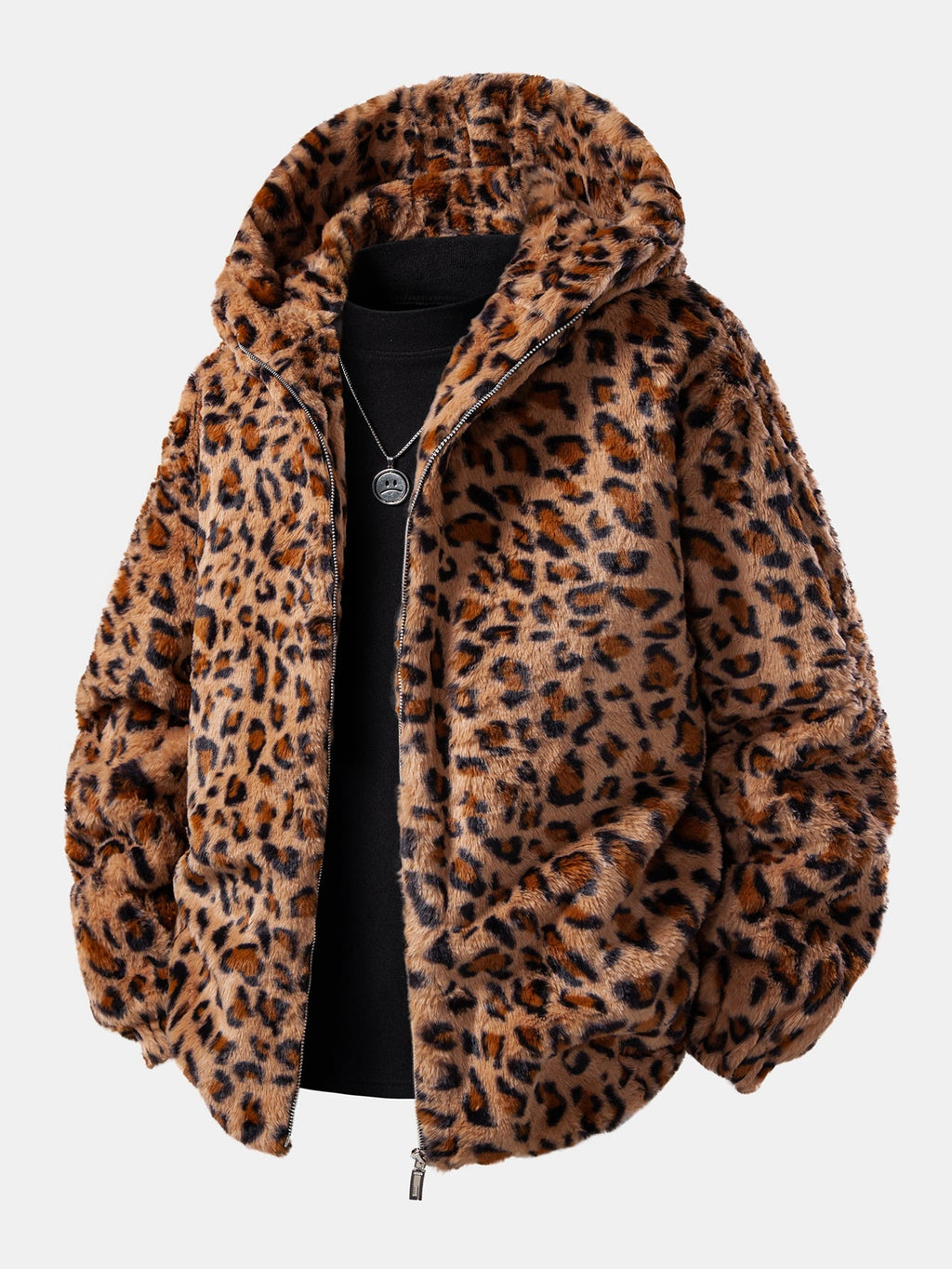 Men's Plush Faux Fur Hooded Zip-Up Jacket