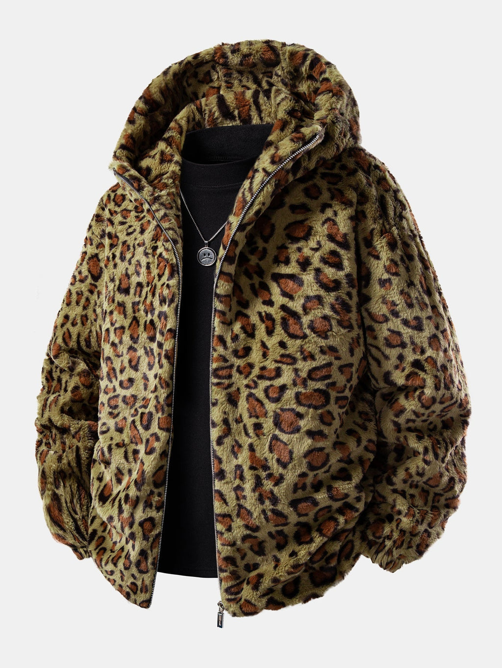 Men's Plush Faux Fur Hooded Zip-Up Jacket