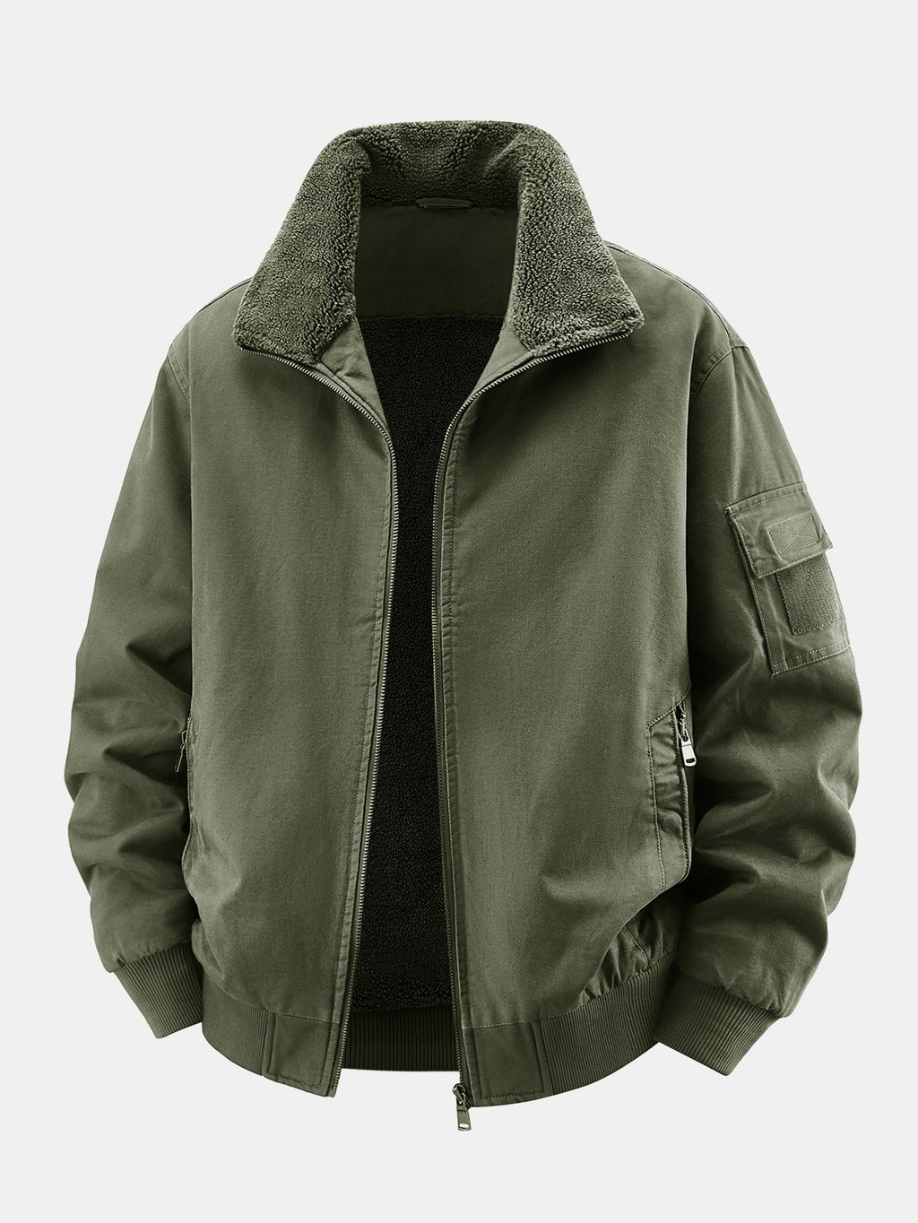 Men's Cotton Bomber Jacket with Teddy Fleece Lining and Utility Sleeve
