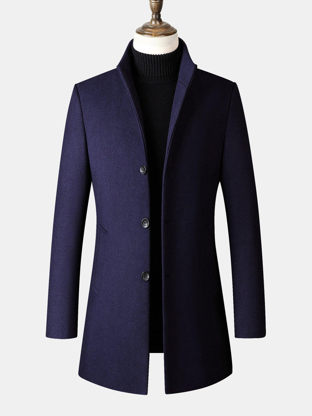 Men's Tailored Wool Blend Overcoat – Smart Stand Collar Button-Up Long Coat