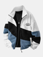 Men's Plush Teddy Fleece Zip-Up Jacket with Printed Panels
