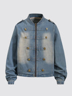 Men's Washed Denim Military Jacket with Stand Collar