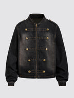 Men's Washed Denim Military Jacket with Stand Collar