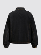 Men's Washed Denim Military Jacket with Stand Collar