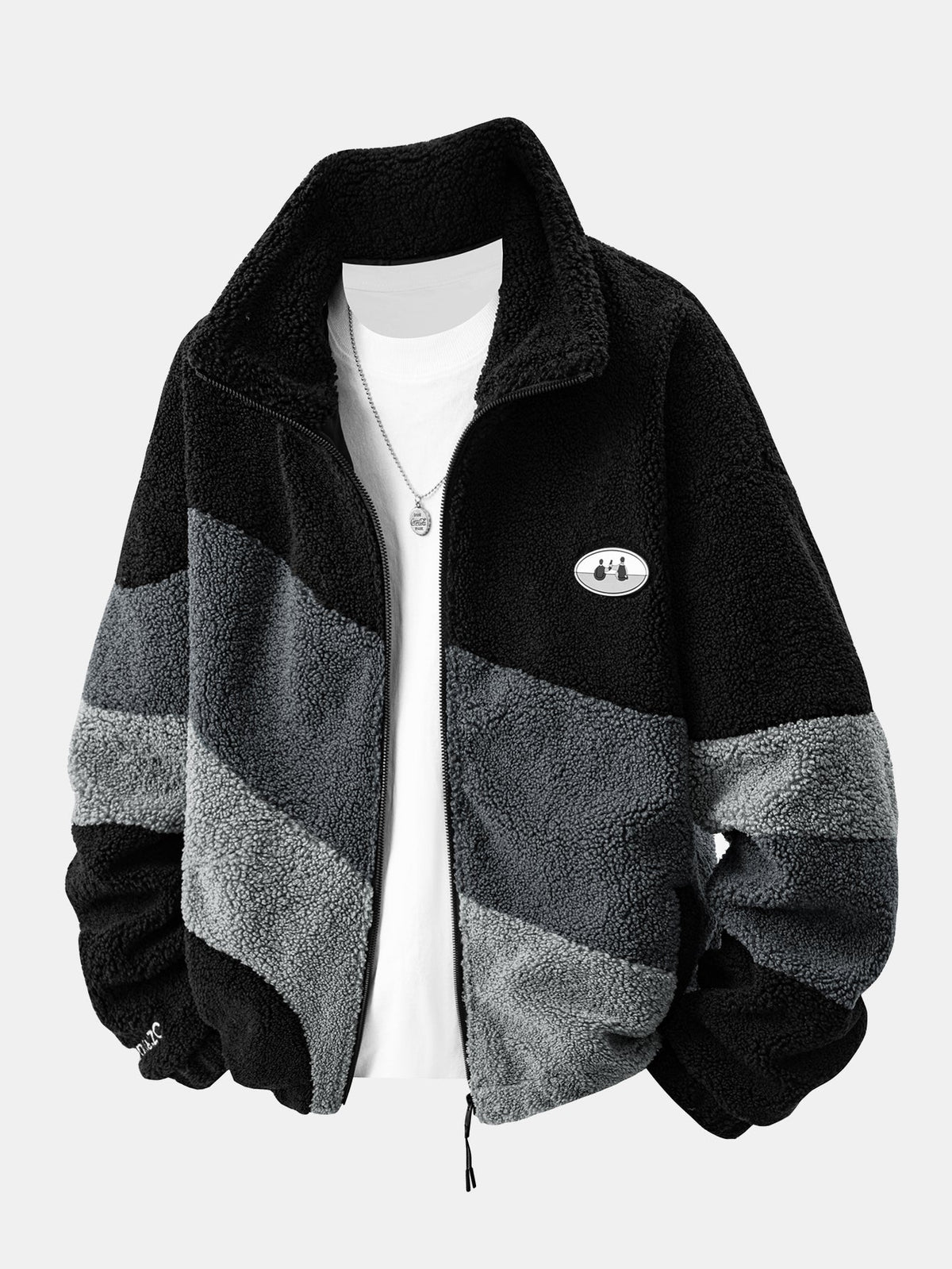 Men's Plush Teddy Fleece Zip-Up Jacket with Printed Panels