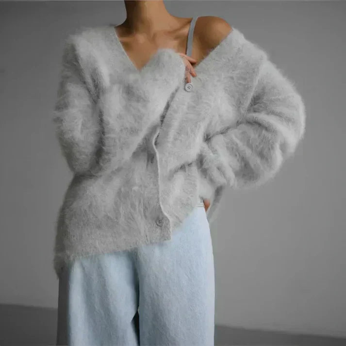 Women's Button-front Cardigan with V-neck – Light Grey