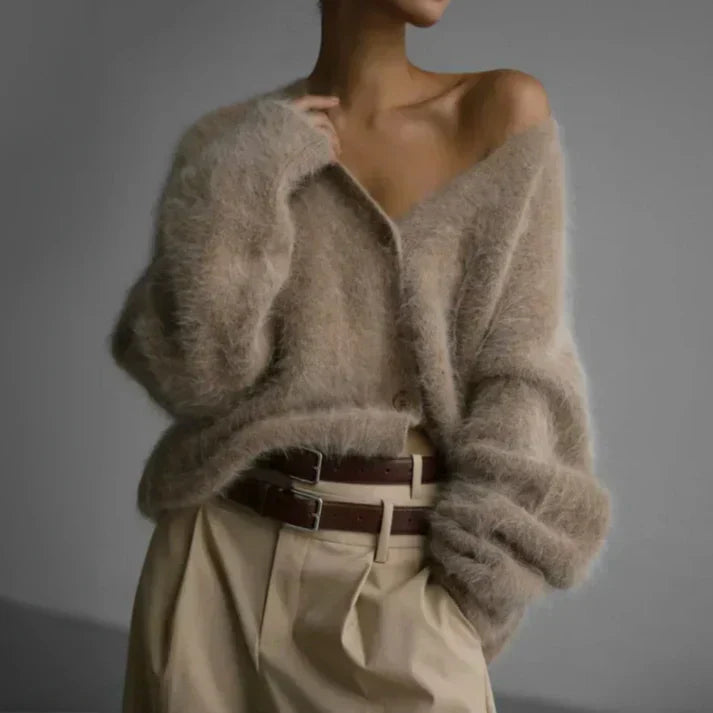 Women's Button-front Cardigan with V-neck – Light Grey